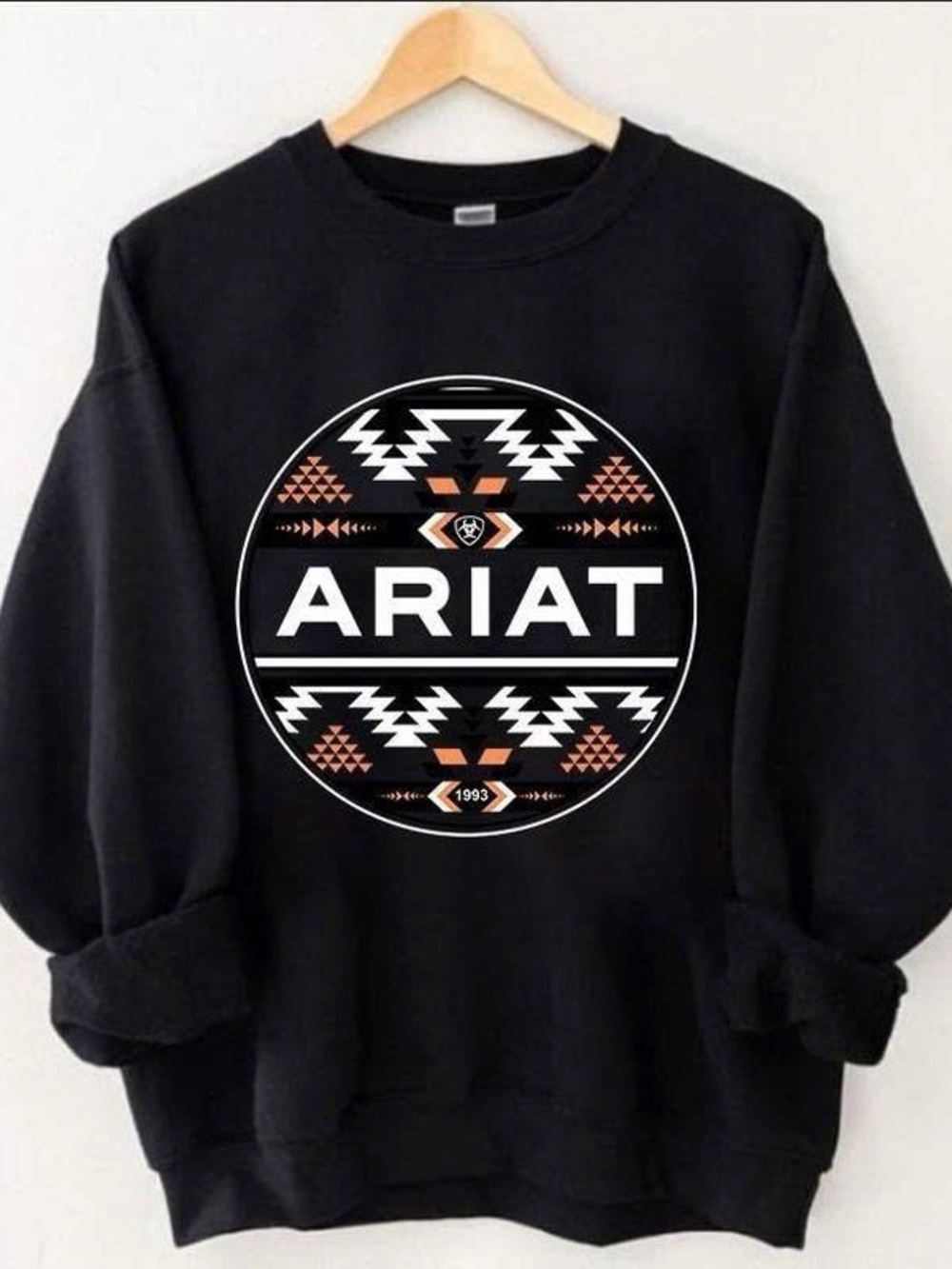 Black Crewneck Sweatshirt with White and Rust Aztec Graphic
